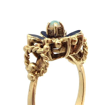 Vintage 14k Yellow Gold Opal and Blue Enamel Flower Ring