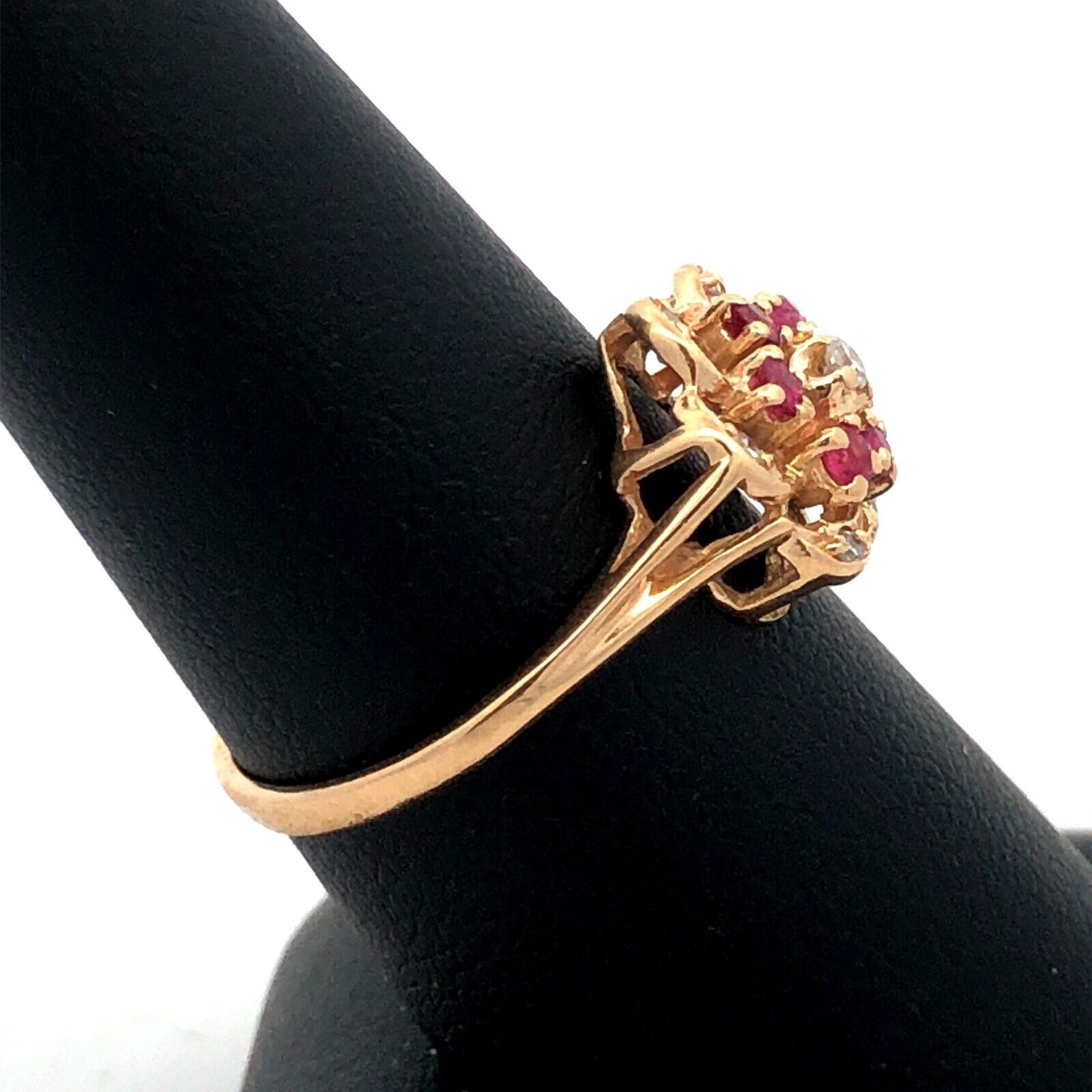 Designer HJW 14K Yellow Gold Round Diamond Ruby Flower Cocktail Ring