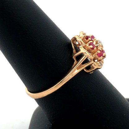 Designer HJW 14K Yellow Gold Round Diamond Ruby Flower Cocktail Ring