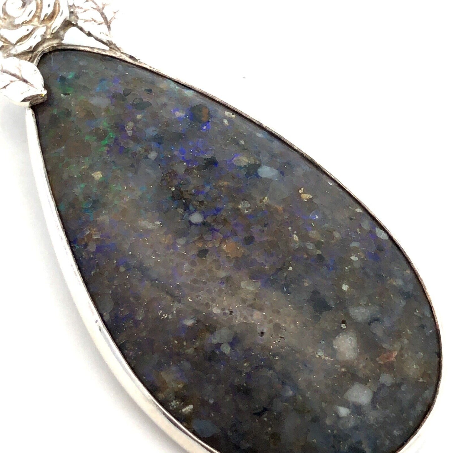 Vintage 925 Sterling Silver Pear Black Opal Flower Detail Statement Pendant