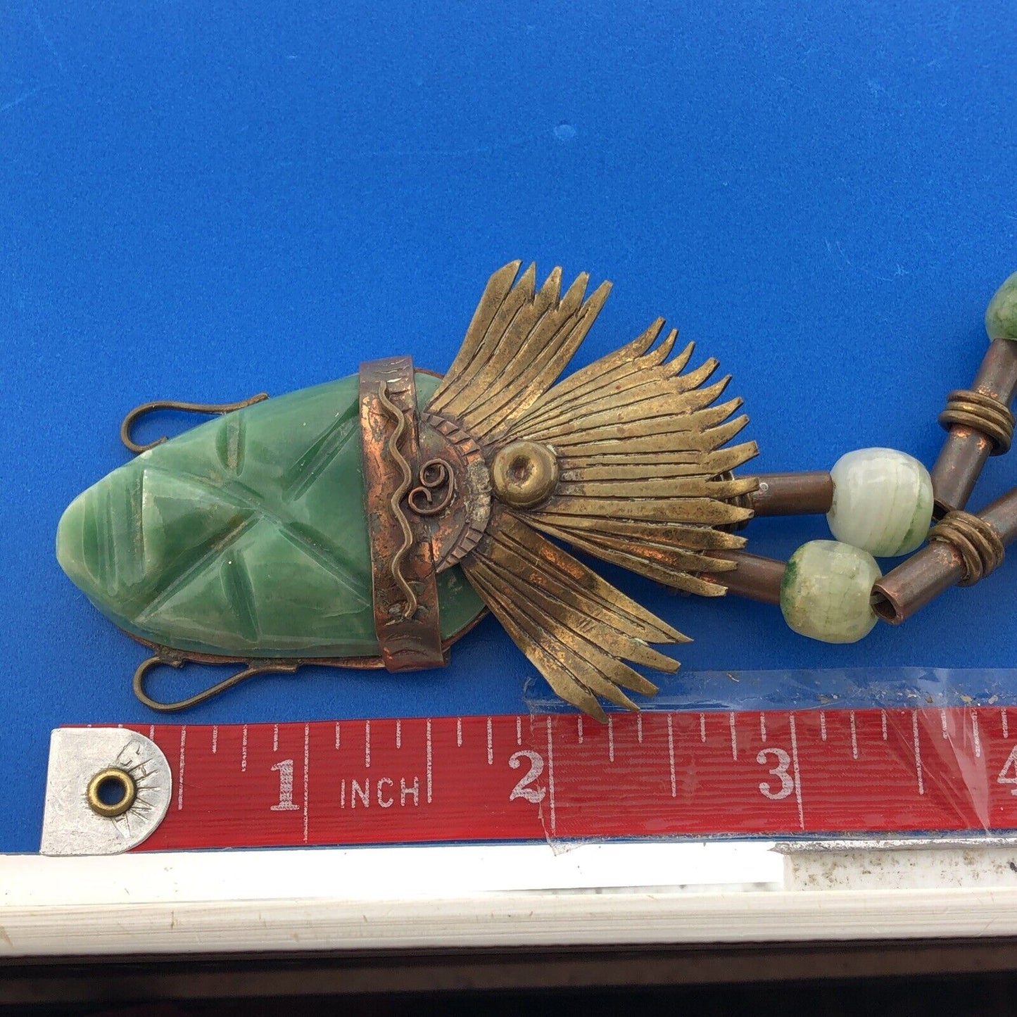 Casa Maya Mexico Brass Copper Jade South American Aztec Head 26" Tribal Necklace