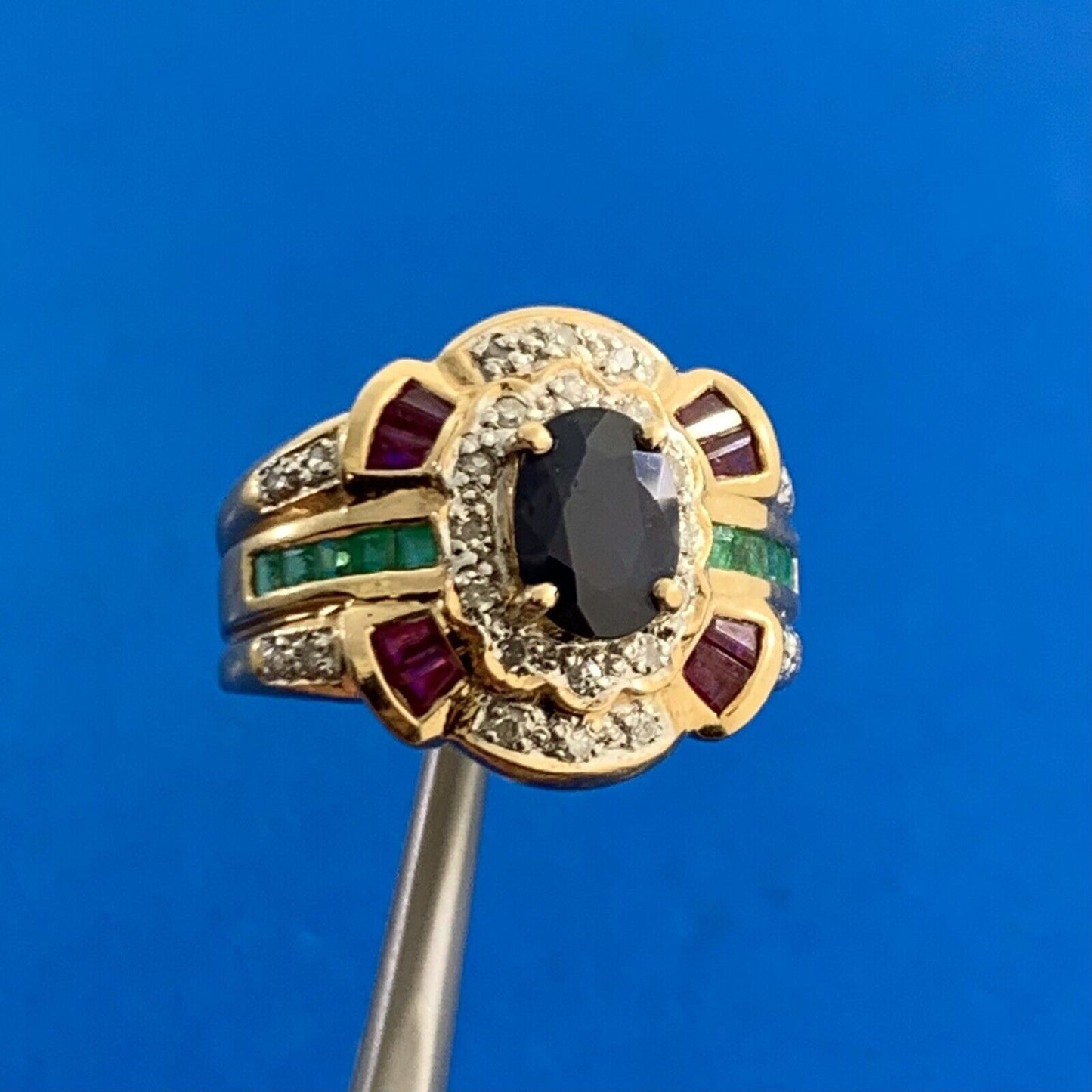 Designer 14K Yellow Gold Oval Blue Sapphire Emerald Ruby Diamond Accented Ring