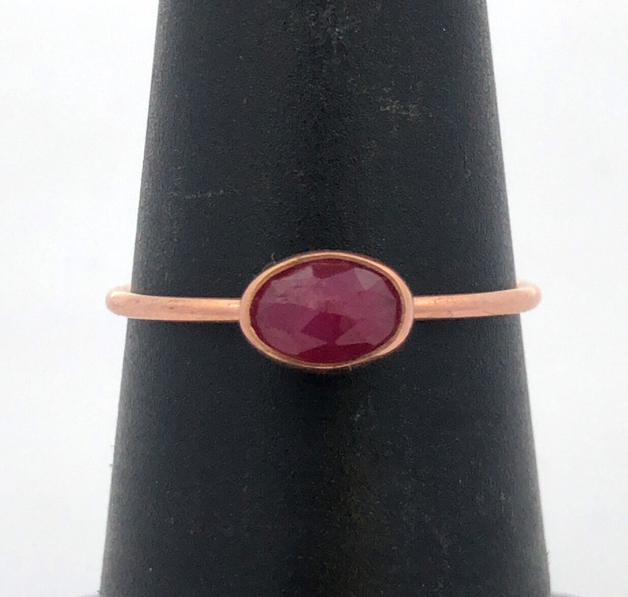 Modernist 14K Rose Gold Oval Ruby Solitaire Stackable Size 5.75 Ring
