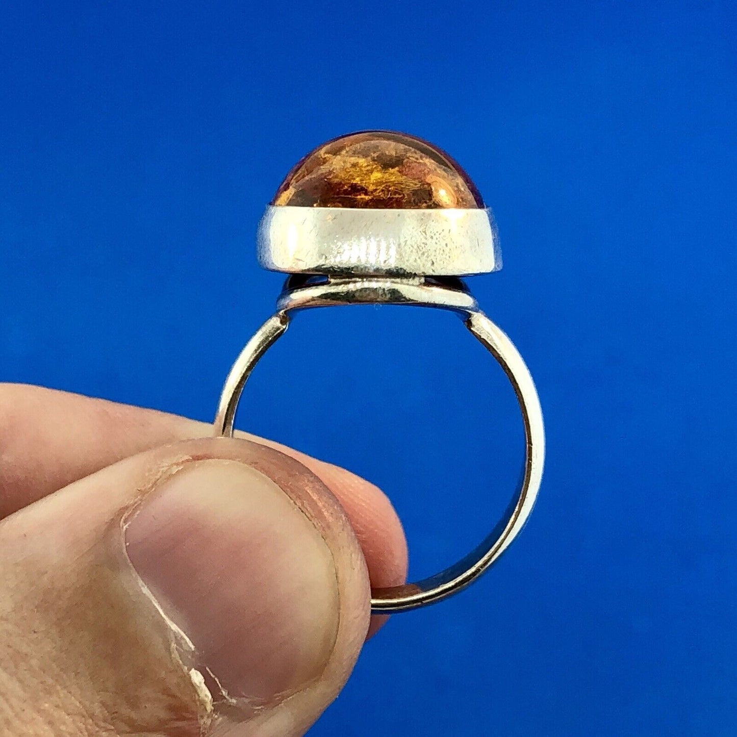 Designer Hallmarked 925 Sterling Silver Baltic Amber Oval Cabochon Fashion Ring