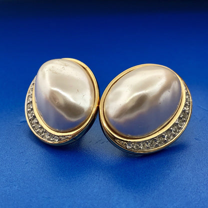 Vintage Richelieu Gold Tone Mabe Pearl Rhinestone Statement Stud Earrings