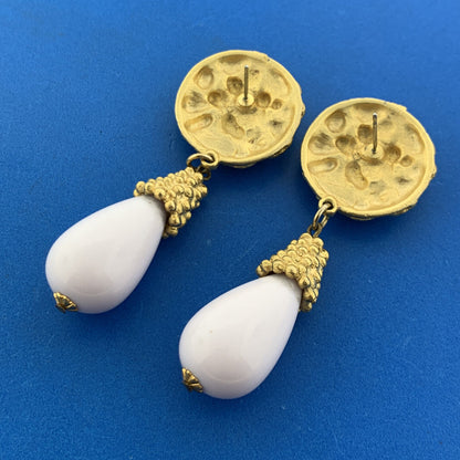 Mid Century Gold Tone Lavender Lucite Pear Drop Dangle Statement Stud Earrings