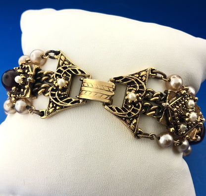 Vintage Gold Tone Faux Gem Pearl Cabochon Rhinestone Statement Panel Bracelet