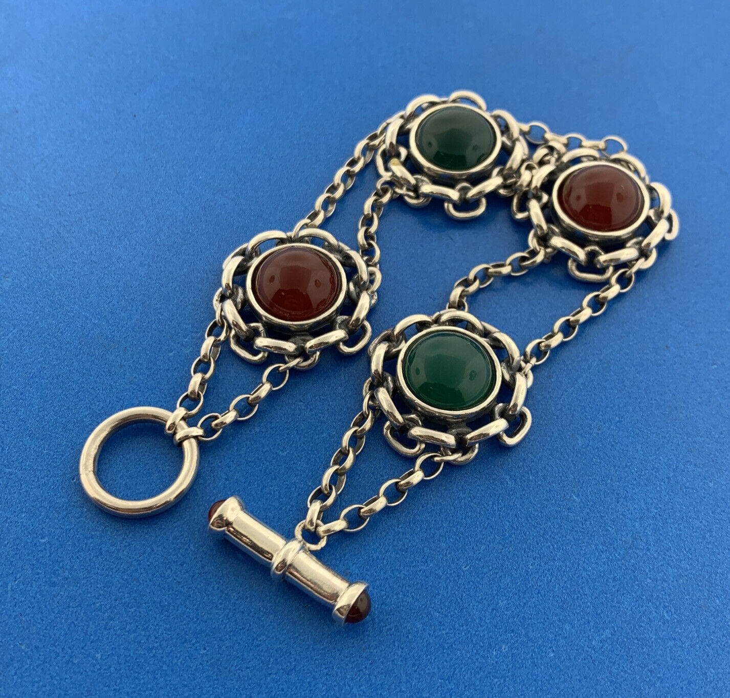 Vintage Italy Sterling Silver Red Carnelian Green Onyx Floral Toggle Bracelet