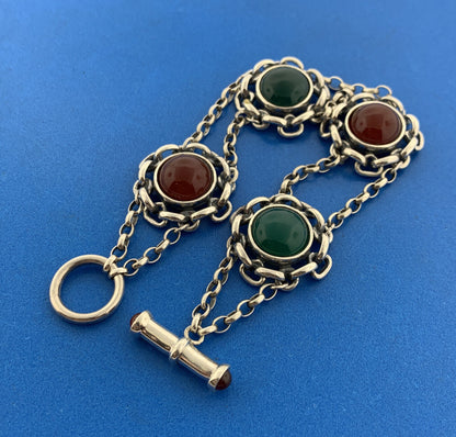 Vintage Italy Sterling Silver Red Carnelian Green Onyx Floral Toggle Bracelet