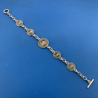 Vintage Taxco Mexico 925 Sterling Silver Aztec Design Medallion Toggle Bracelet