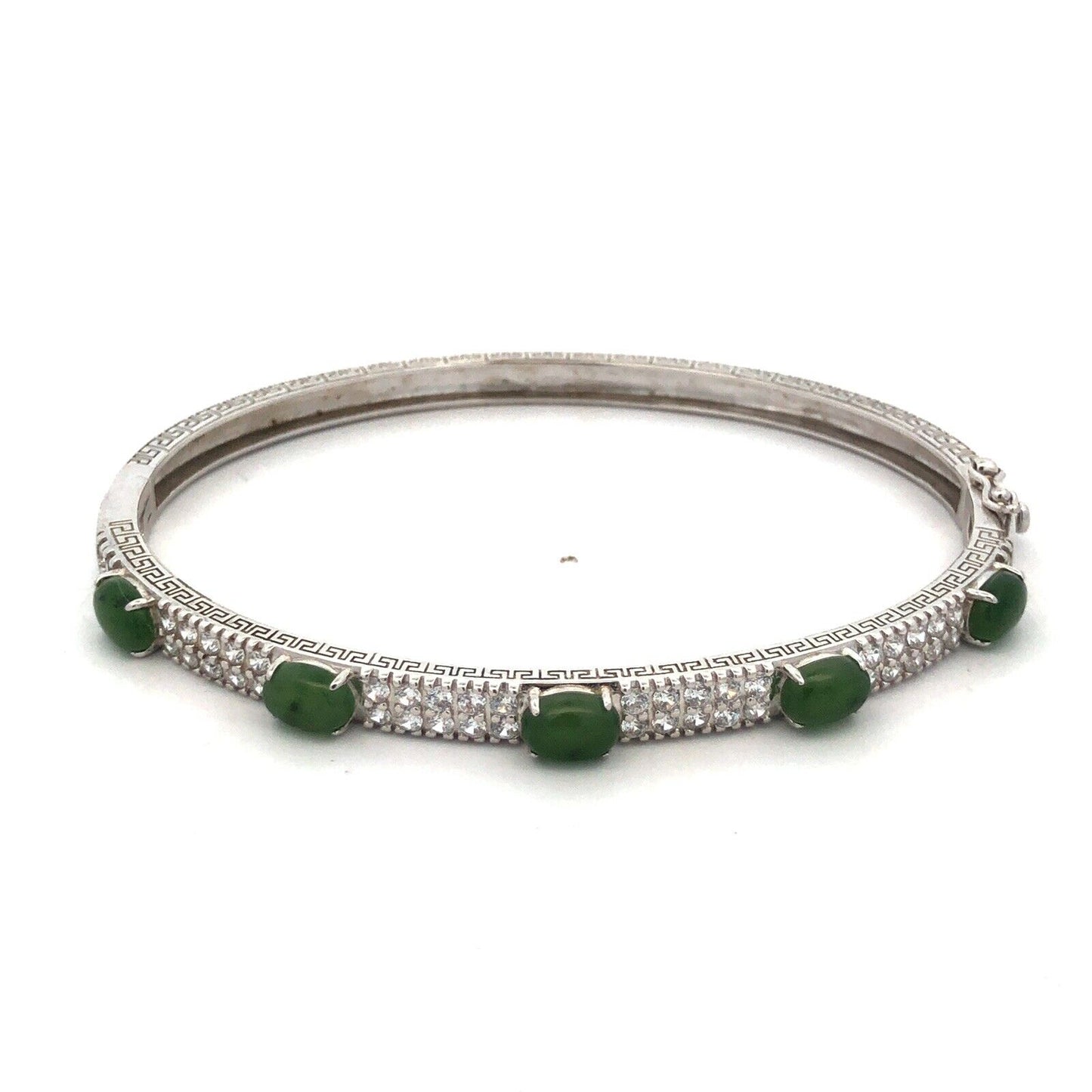 Desinger PAJ JOY 925 Sterling Silver Oval Jade CZ Accented Hinged Cuff Bracelet
