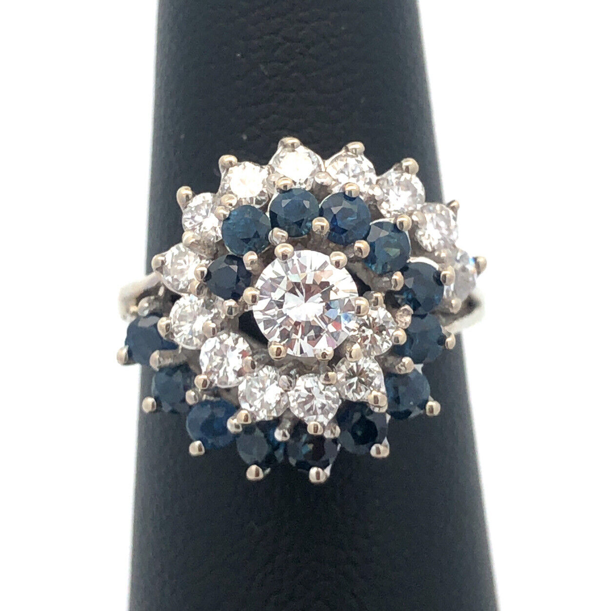 Designer 14K White Gold Diamond Solitaire W/Sapphire Diamond Accents Spiral Ring
