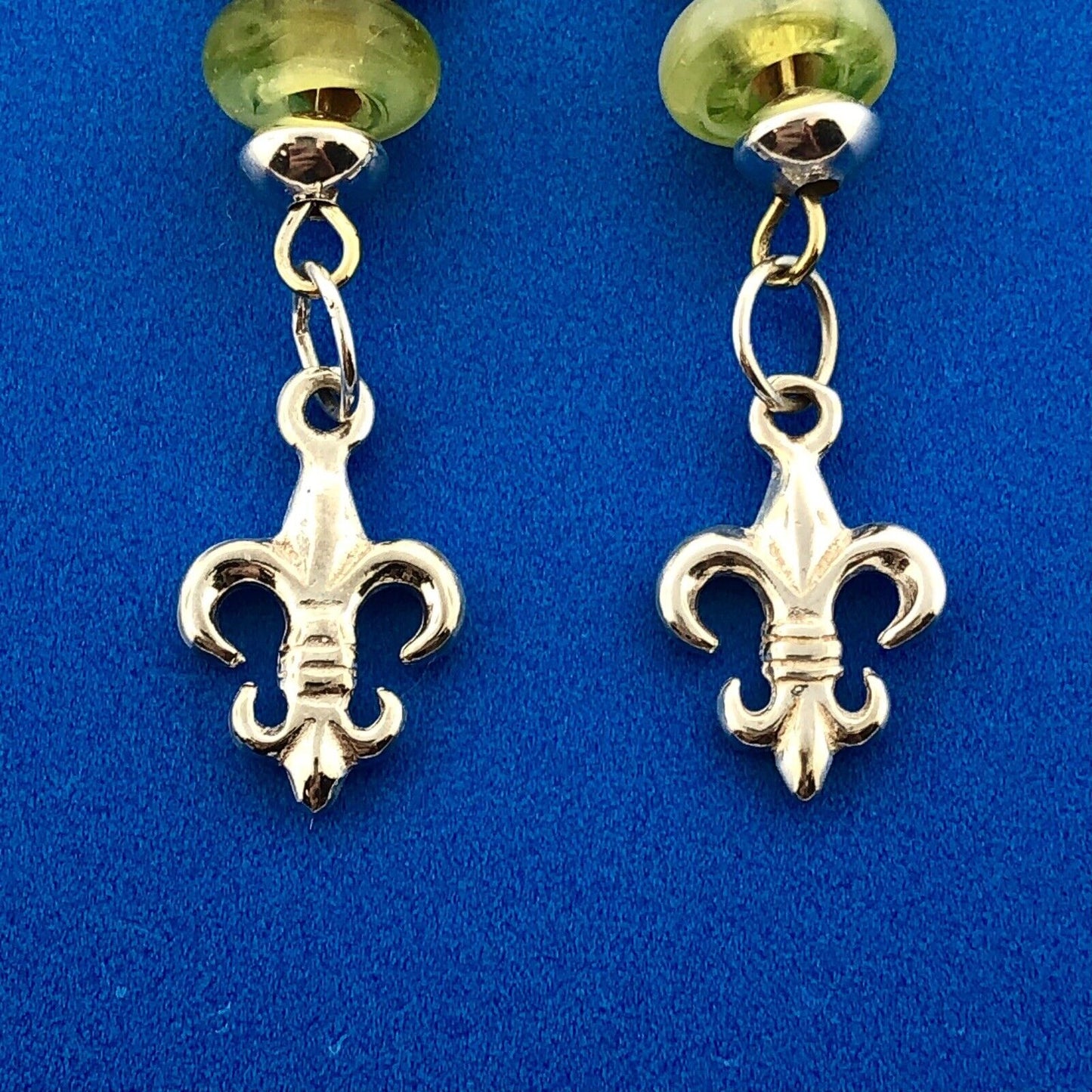 Sterling Silver 925 Millefiore Glass Bead Fleur De Lis Drop Dangle Earrings
