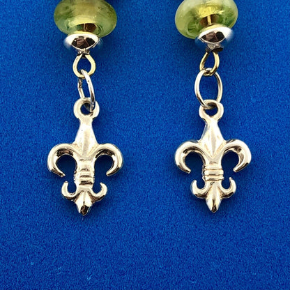 Sterling Silver 925 Millefiore Glass Bead Fleur De Lis Drop Dangle Earrings