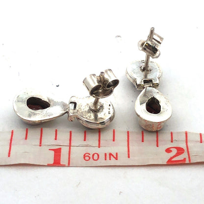 Vintage 925 Sterling Silver Round Bezel Pear Garnet Dangle Drop Stud Earrings