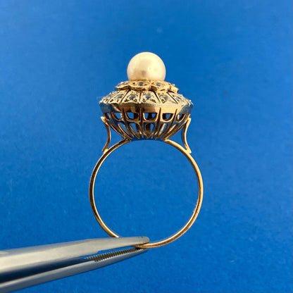Vintage 18K Yellow White Gold Pearl White Amethyst Double Halo Tiered Ring
