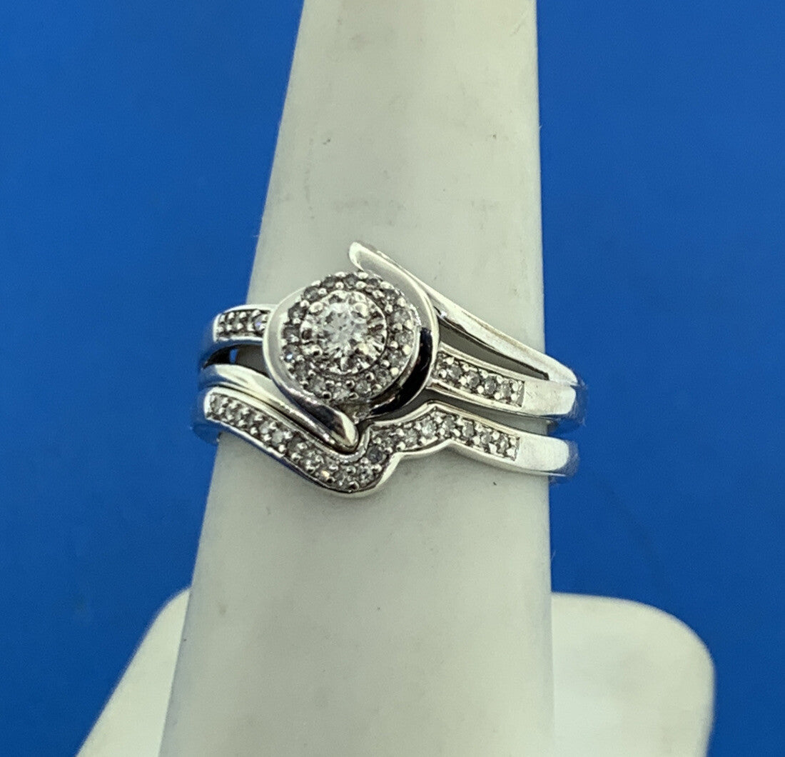 Stunning Sterling Silver 925 Round Diamond Abstract Engagement Ring Size 8 Set
