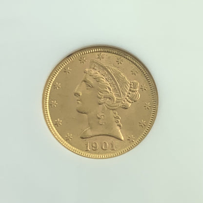 1901 $5 Five Dollar Coronet Head 90% Gold Half Eagle NGC MS63 Graded US Coin