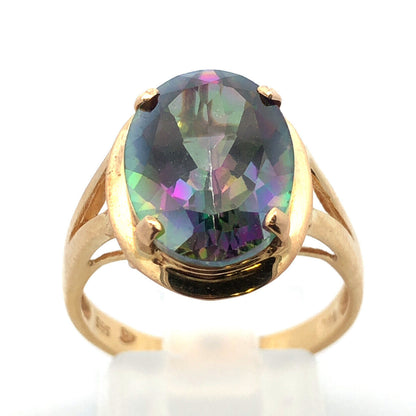 14K Yellow Gold Oval Mystic Topaz Healing Good Luck Power Statement Ring