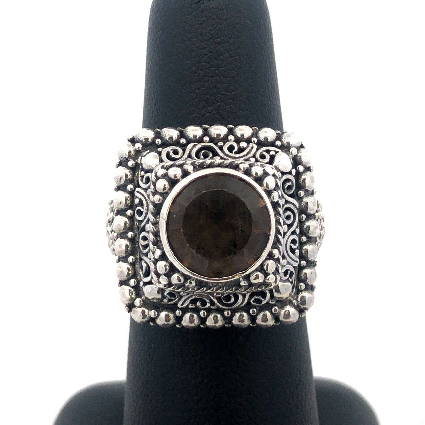 Designer Sarda 925 Sterling Silver Smoky Topa Filigree Square Statement Ring