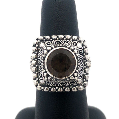 Designer Sarda 925 Sterling Silver Smoky Topa Filigree Square Statement Ring