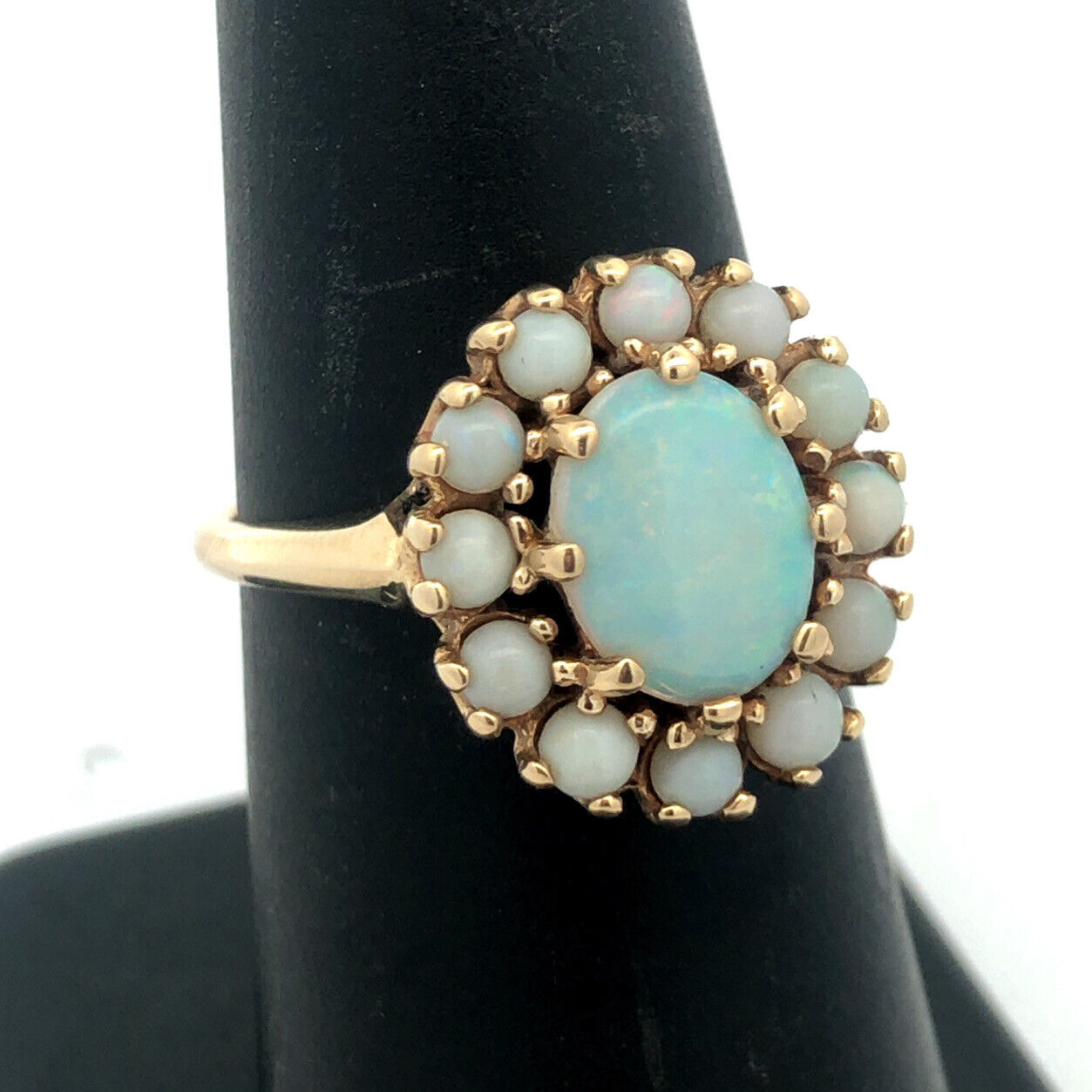 Designer 10K Yellow Gold Oval Opal Cluster Halo Statement Cocktail Ring