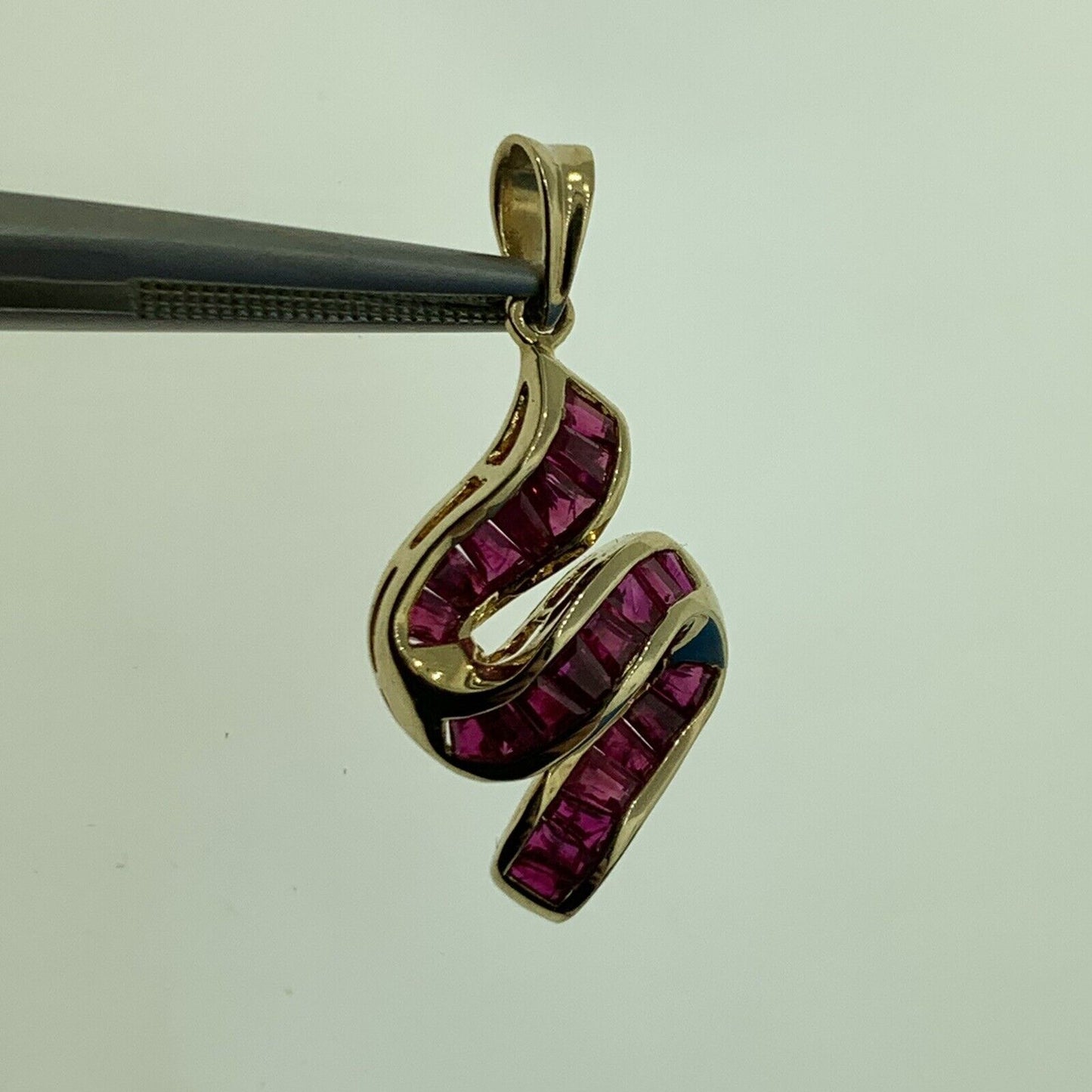 Designer 14K Yellow Gold Ruby Tapered Baguette S Ribbon Statement Pendant