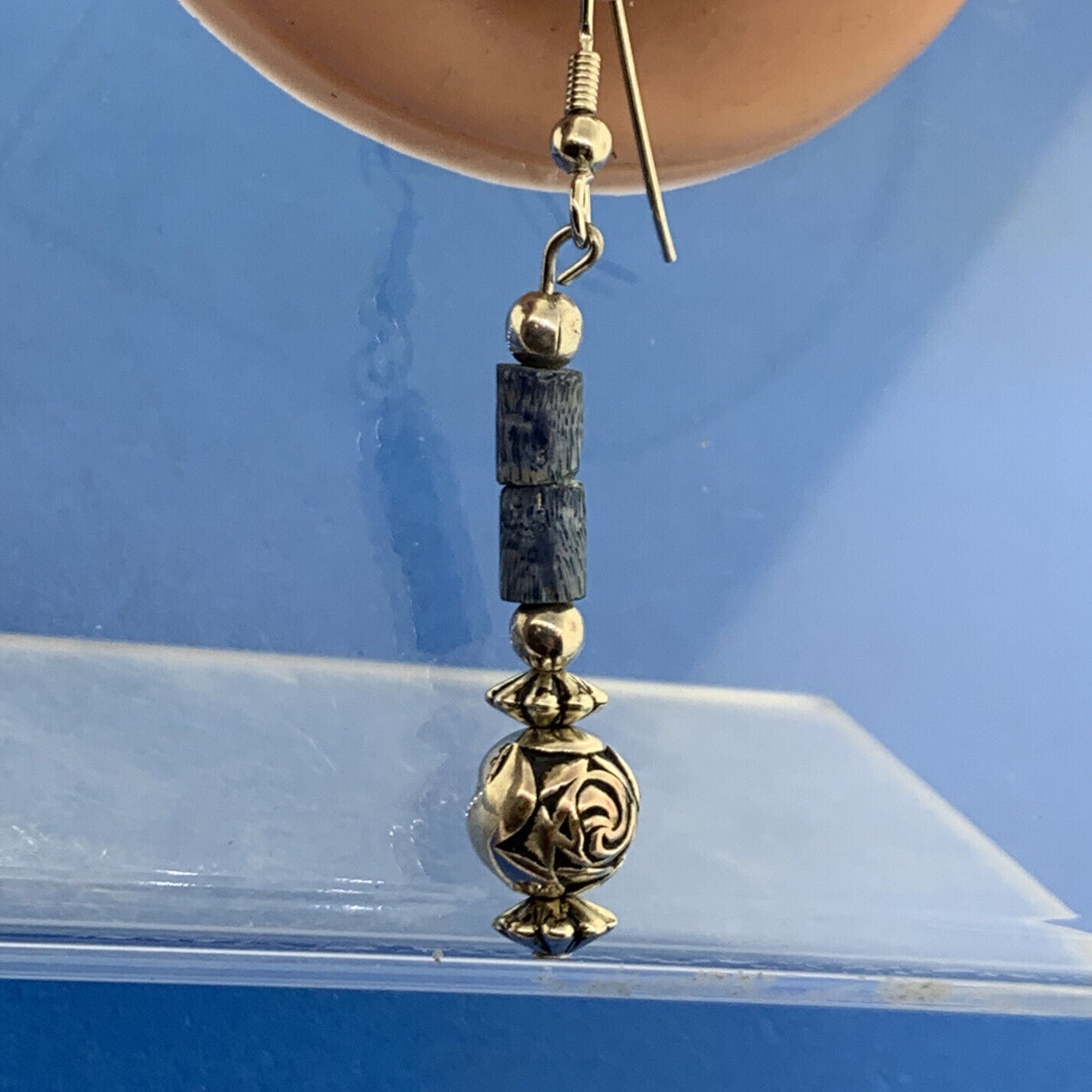 Silver Plated Lapis Lazuli Tubular Beads Rose Scroll Dangle Drop Earrings