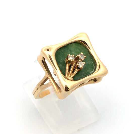 Designer 14K Yellow Gold Green Square Jade Diamond Modernist Statement Ring