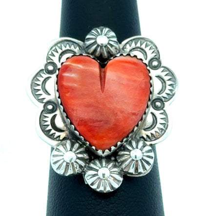 Native American Sterling Silver Spiny Oyster Turquoise Concho Carved Heart Ring