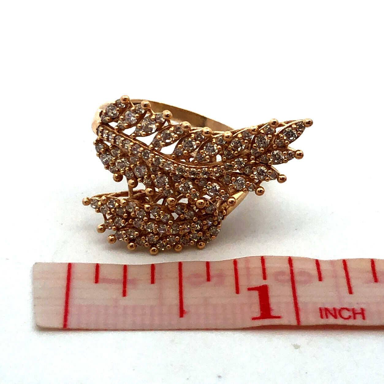 Designer 18K Yellow Gold Cubic Zirconia Leaves Feather Bypass Statement Ring