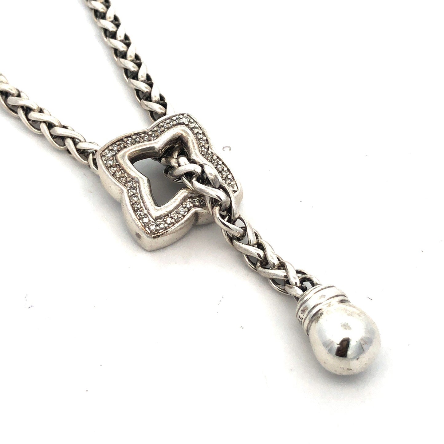 Retired David Yurman 925 Sterling Silver Diamond Quatrefoil Lariat Necklace