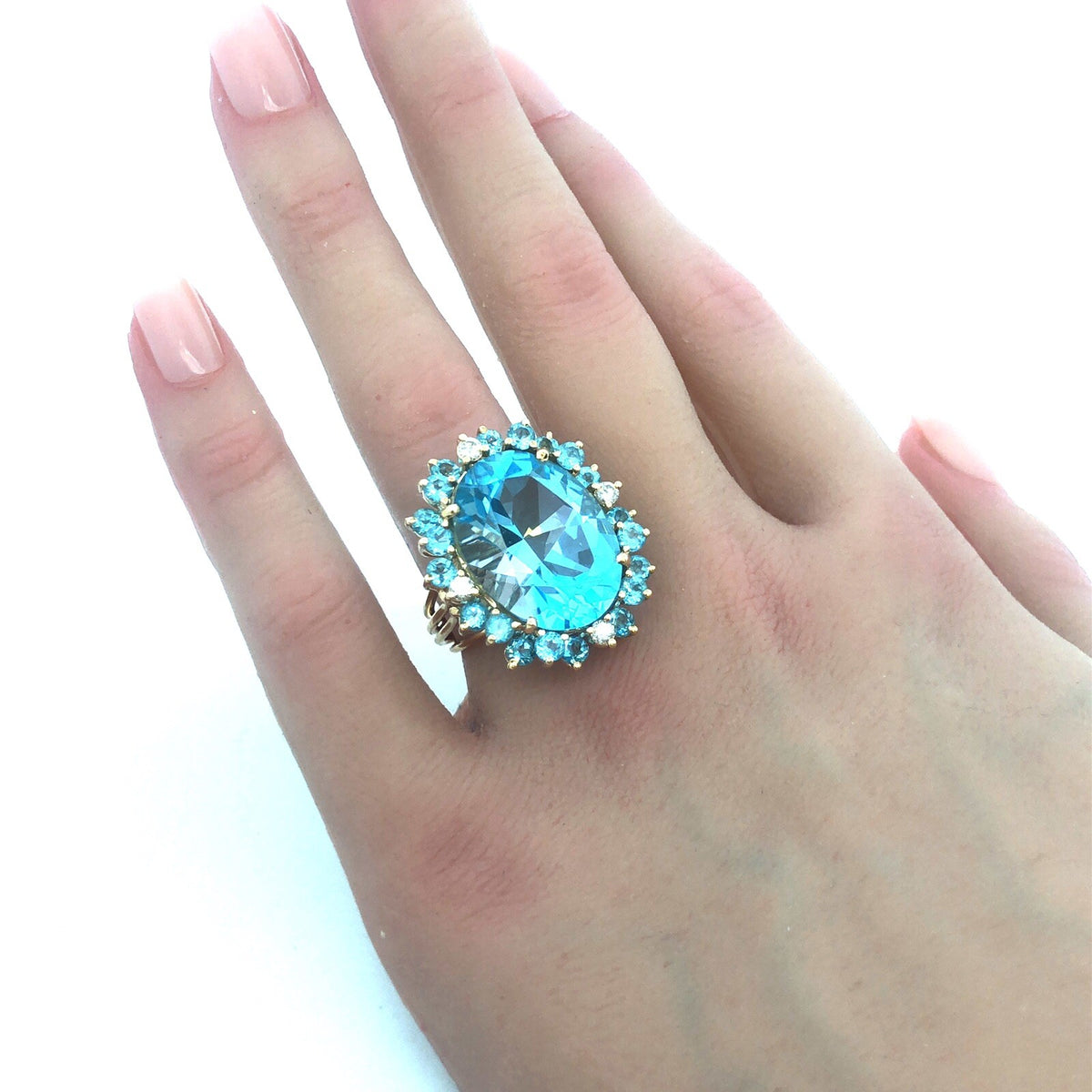 Designer 14k Yellow Gold Large Oval Blue Topaz Aquamarine Diamond Statement Ring