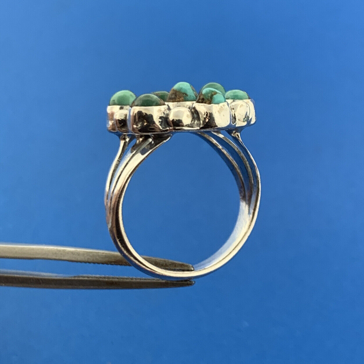 Stunning Sterling Silver 925 Green & Blue Turquoise Cluster Dome Ring Size 8