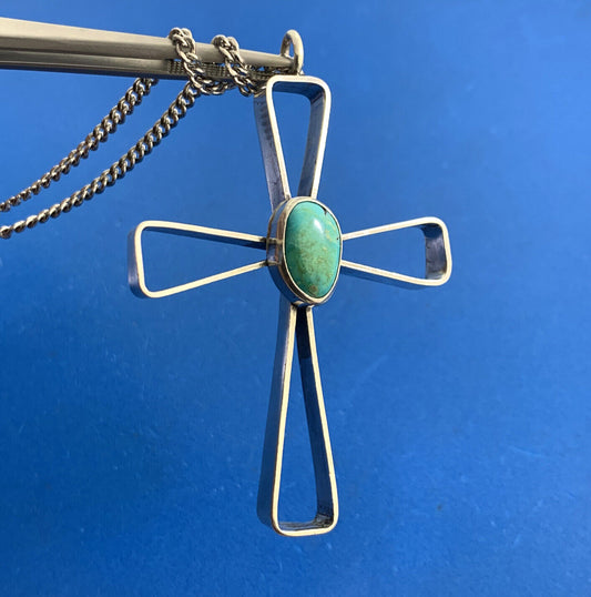 Oval Turquoise 925 Sterling Silver Statement Cross Silver Tone Chain Necklace