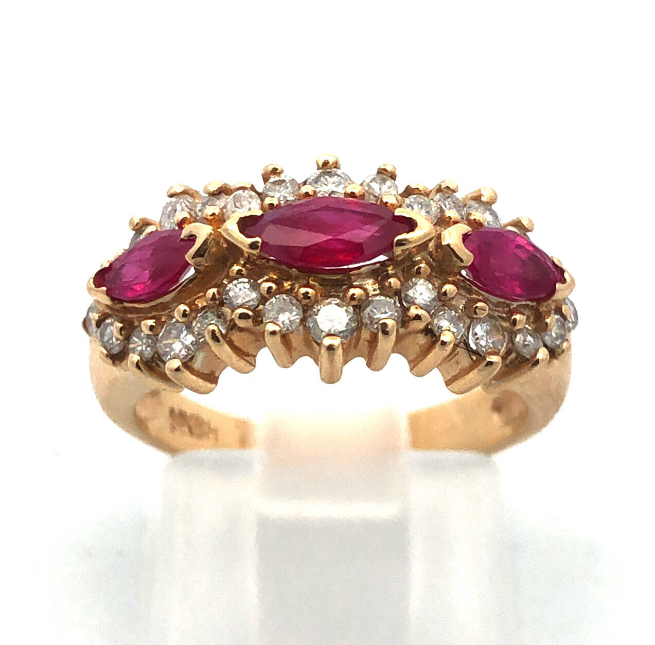 14K Yellow Gold Ruby Diamond Band Cluster July Anniversary Bridal Cocktail Ring