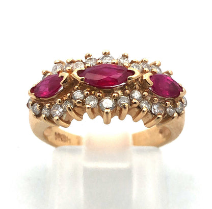 14K Yellow Gold Ruby Diamond Band Cluster July Anniversary Bridal Cocktail Ring