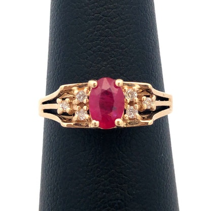 Estate 14K Yellow Gold Oval Ruby Diamond Accented July Anniversary Occasion Ring