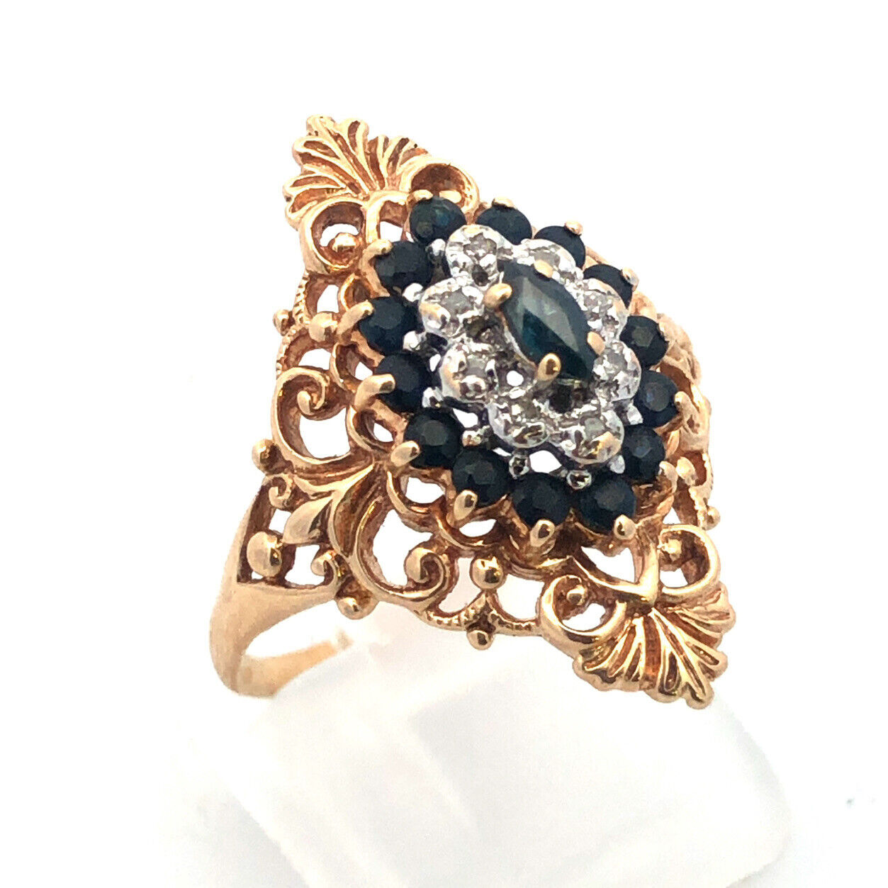 Designer 10K Yellow Gold Blue Sapphire Diamond Sapphire Accent Cocktail Ring