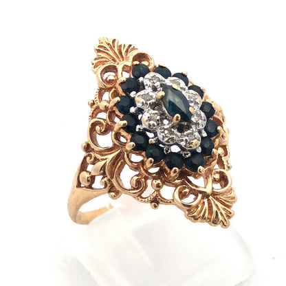 Designer 10K Yellow Gold Blue Sapphire Diamond Sapphire Accent Cocktail Ring