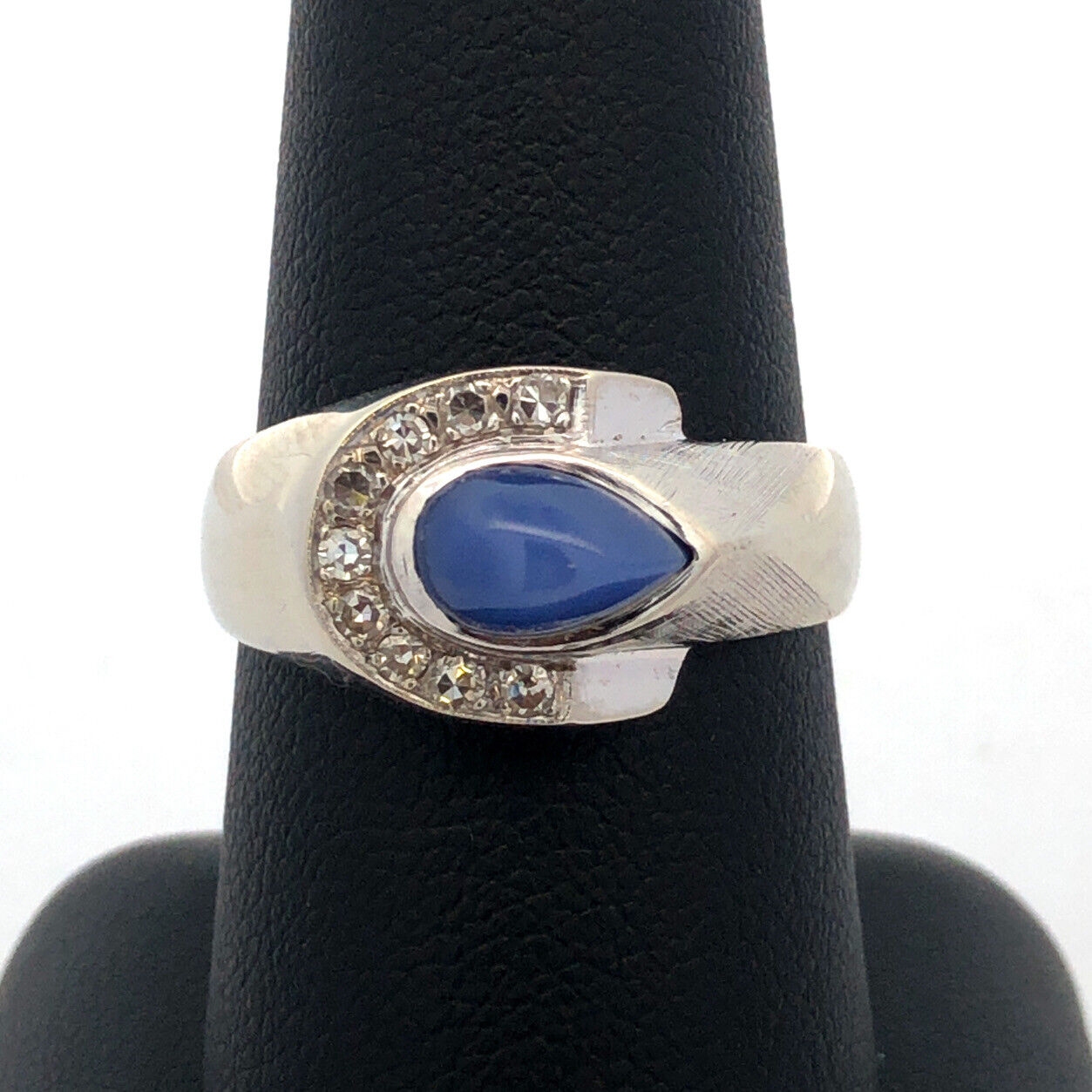 Designer 14K White Gold Blue Star Sapphire Diamond Accented Modernist Ring
