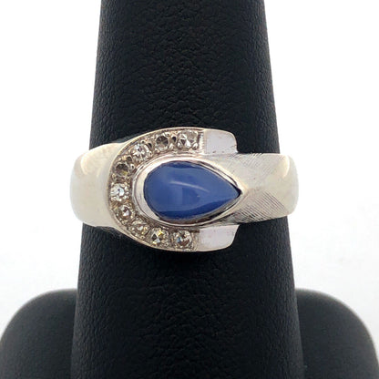 Designer 14K White Gold Blue Star Sapphire Diamond Accented Modernist Ring