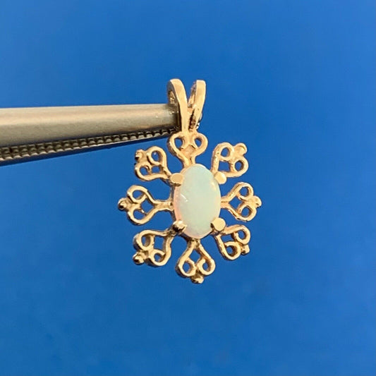 Designer 14K Yellow Gold Oval Opal Filigree Snowflake Drop Dangle Pendant