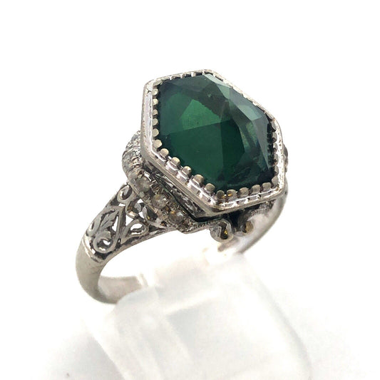Stunning Art Deco 18K White Gold Hexagon Green Sapphire Statement Cocktail Ring