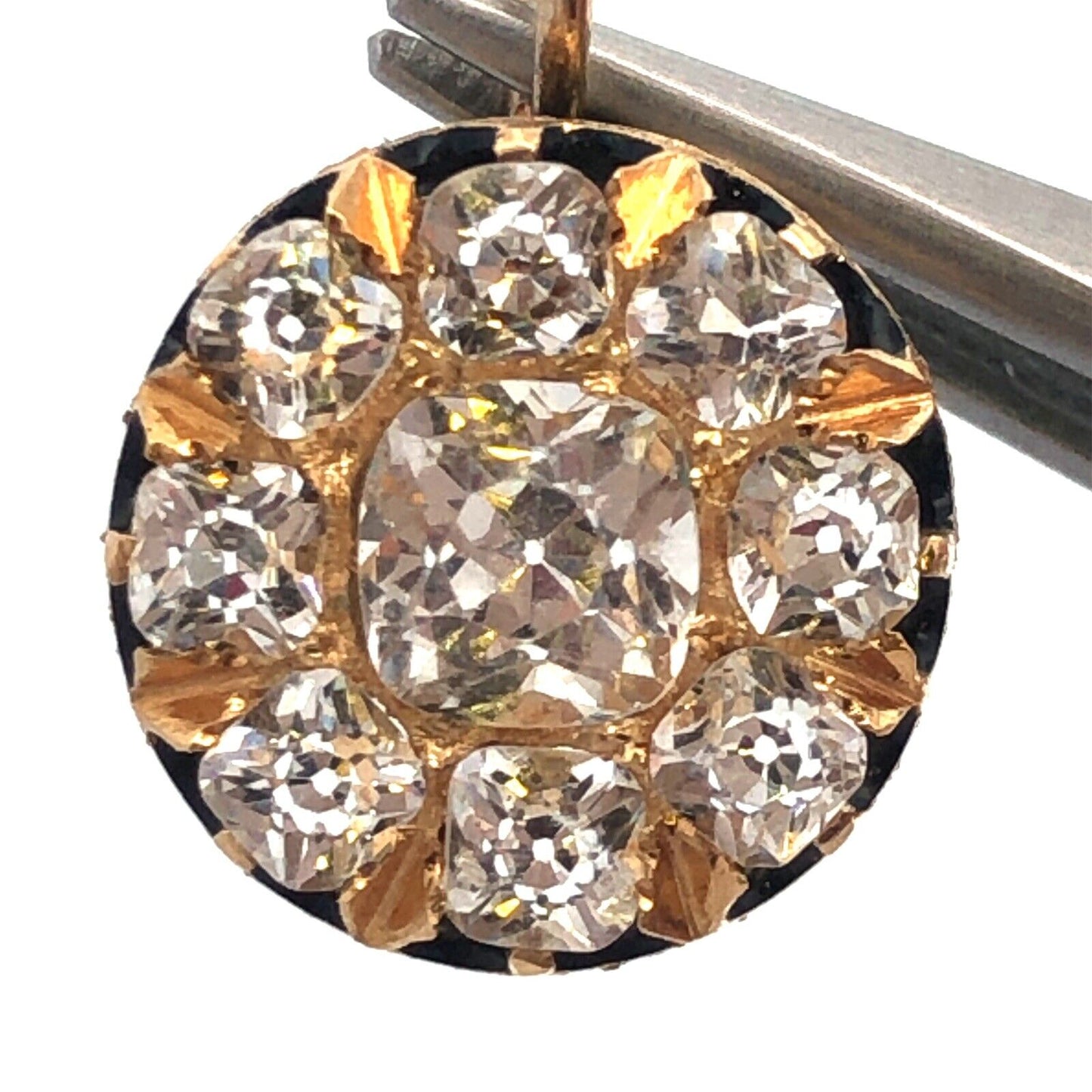 Estate 14K Yellow Gold Cubic Zirconia Cluster Enamel Round Pendant