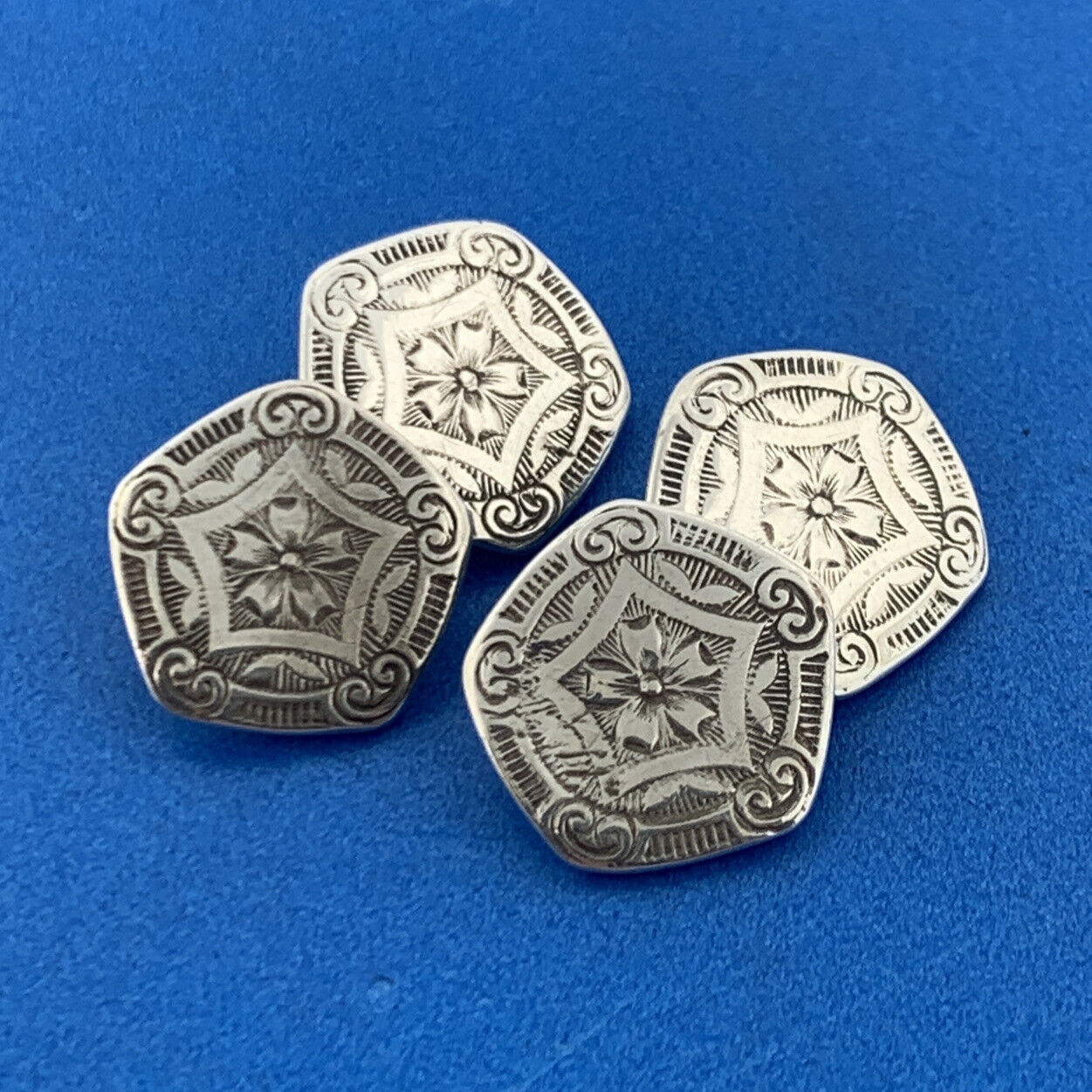 Antique 925 Sterling Silver Floral Etched Hexagon Star Shaped Button Cufflinks