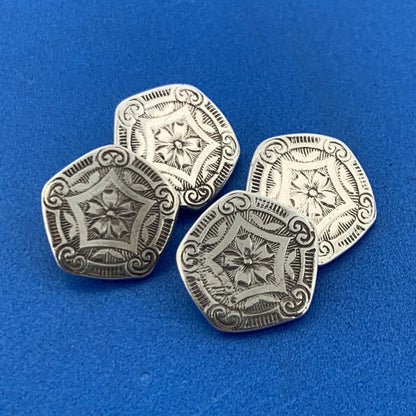 Antique 925 Sterling Silver Floral Etched Hexagon Star Shaped Button Cufflinks