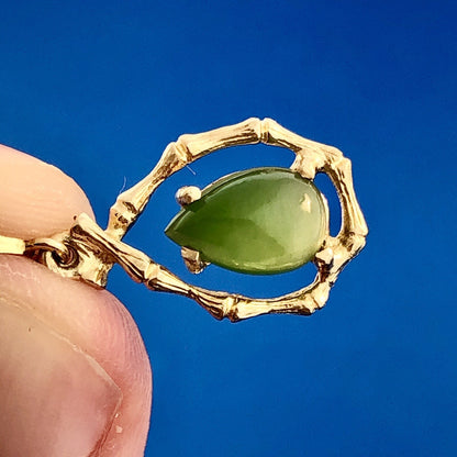 Vintage Estate 14K Yellow Gold Pear Jade Jadeite Bamboo Drop Dangle Earrings