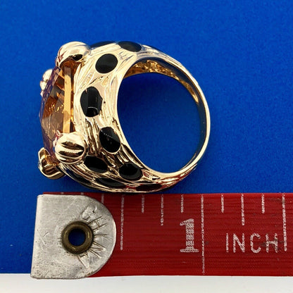 Retro Citra Trading CIT 14K Yellow Gold Citrine Black Enamel Statement Ring