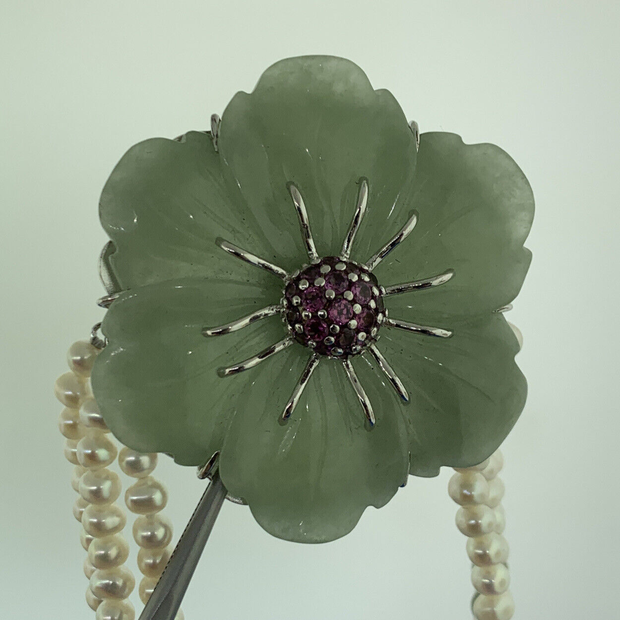 Designer Sterling Silver Carved Jade Pearl Pink Tourmaline Statement Necklace